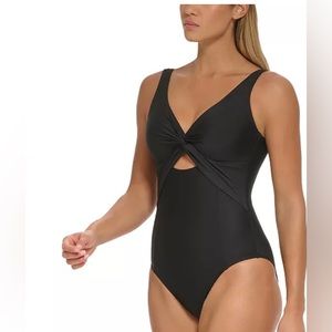 DKNY women’s Peekaboo Twist-Detail Low-Back One-Piece Swimsuit in black size 14